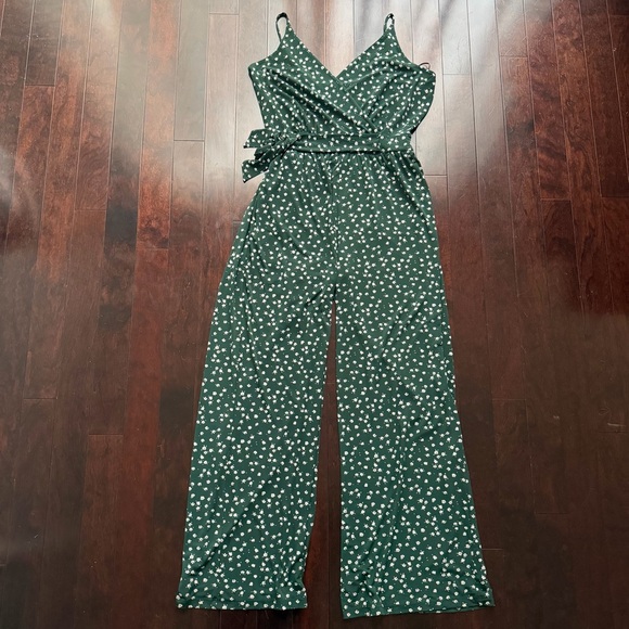 Kaileigh Rochelle Jumpsuit Size XL Dark Green Floral Waist Tie Wide Leg Stretch - Picture 1 of 8